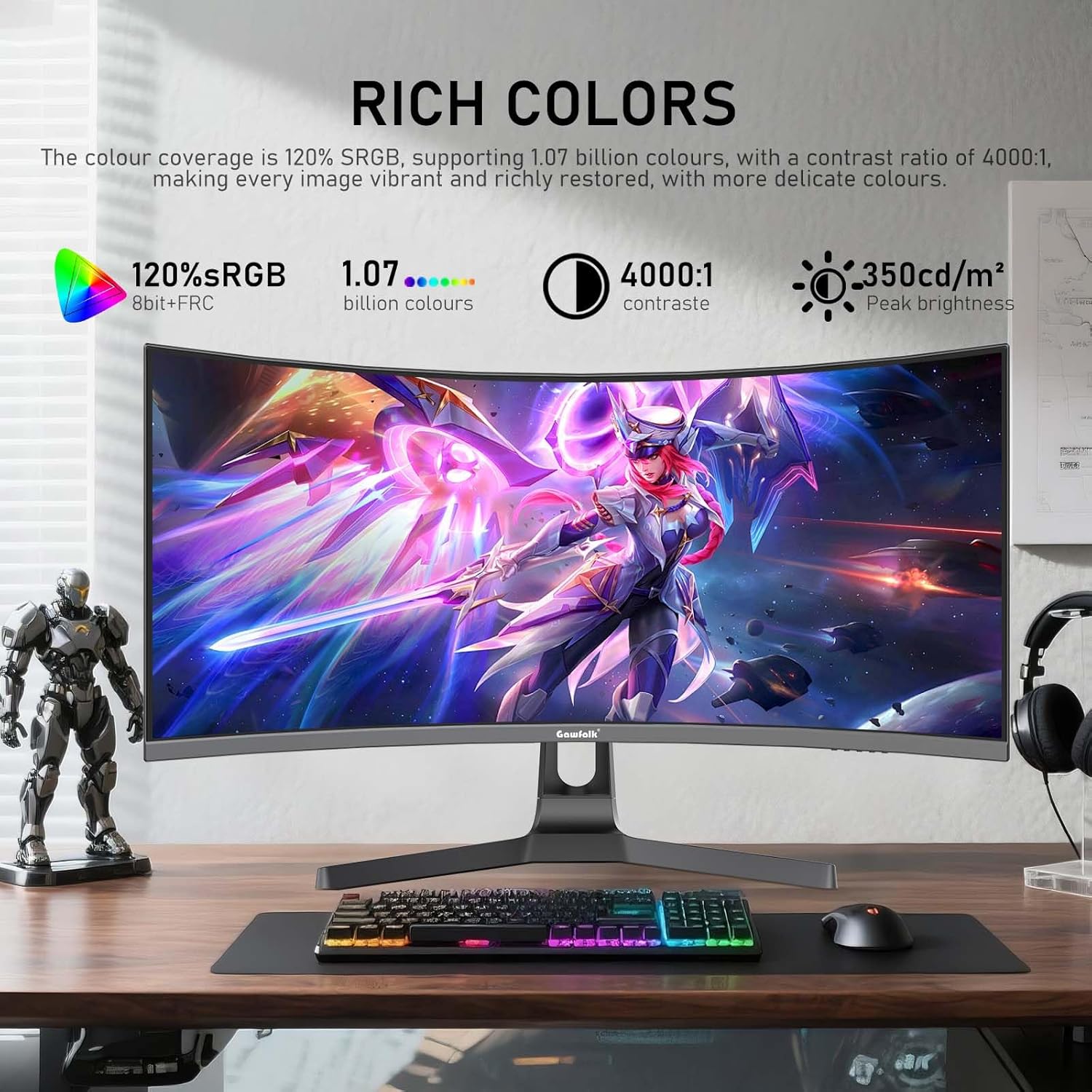 Gawfolk 34 Inch Ultrawide Curved 200Hz Gaming Computer Monitor,1500R PC Screen 21:9 UWQHD (3440x1440),120% sRGB,Adaptive Sync,Built-in Speaker,HDMI、Display Port,Compatible with Wall mounting-Black