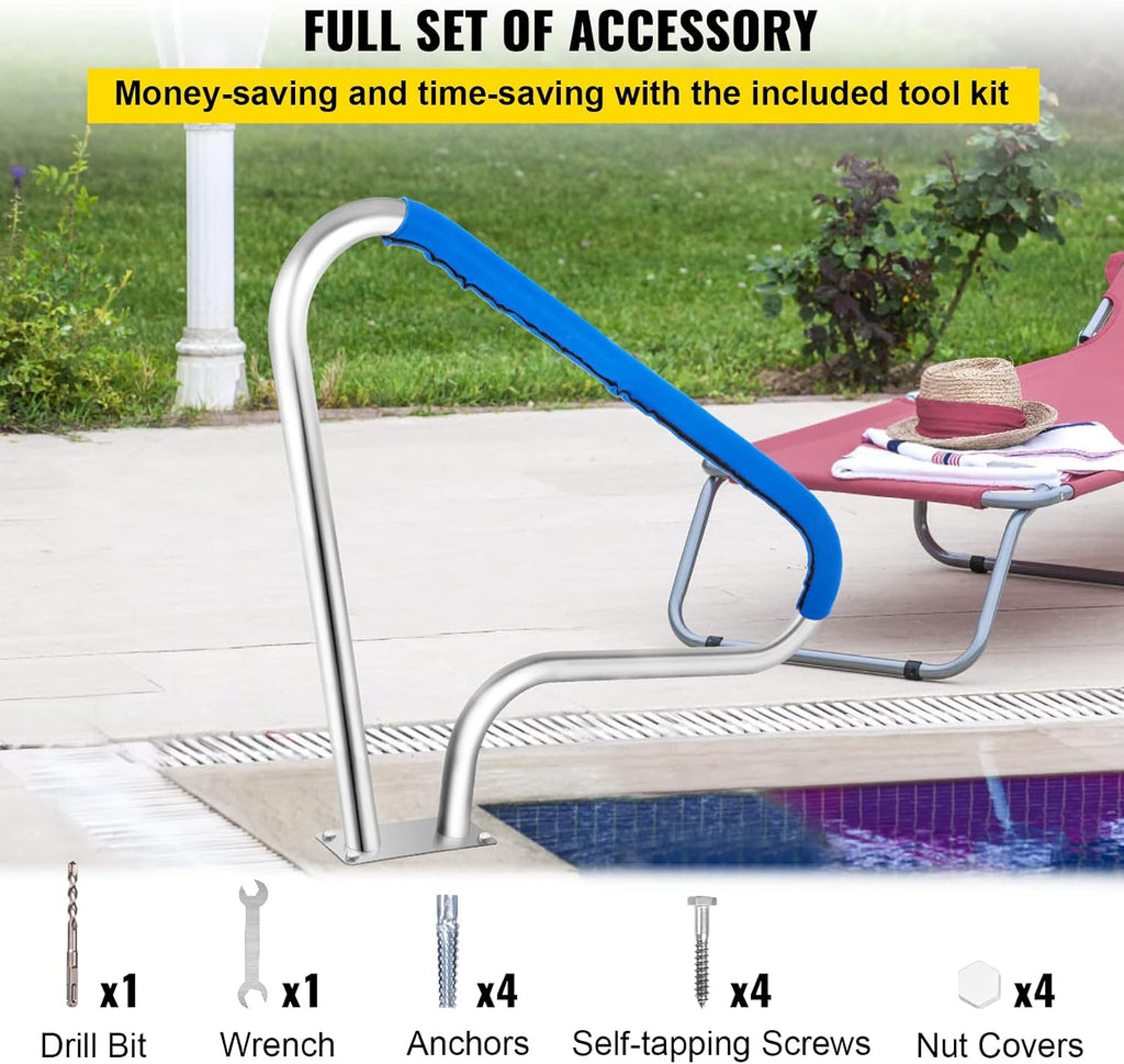 VEVOR Pool Rail 48x36 Pool Railing Brushed Stainless Steel 250LBS Load Capacity Silver Rustproof Pool Handrail Humanized Swimming Pool Handrail with Blue Grip Cover & M8 Drill Bit & Self-Taping Screws