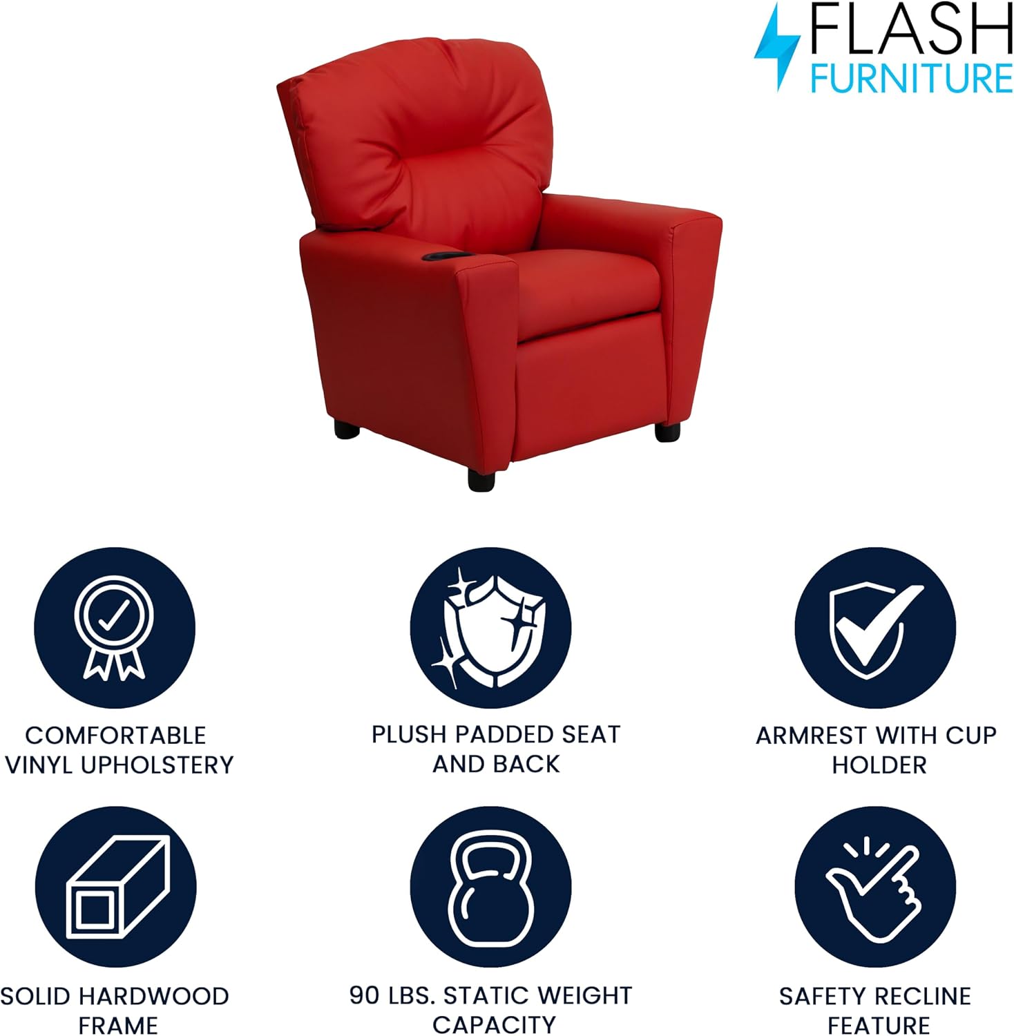 Flash Furniture Chandler Vinyl Kids Recliner with Cup Holder and Safety Recline, Contemporary Reclining Chair for Kids, Supports up to 90 lbs., Red