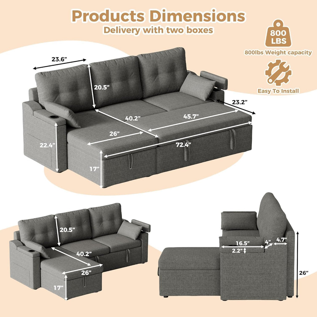 Reversible Sectional Sofa Couch, 85' L-Shaped Sleeper Sofa Bed with Pull Out Bed, Storage Chaise, USB Type-C Ports, Removable Backrest, Cup Holder, Modern Convertible Couch for Living Room, Grey