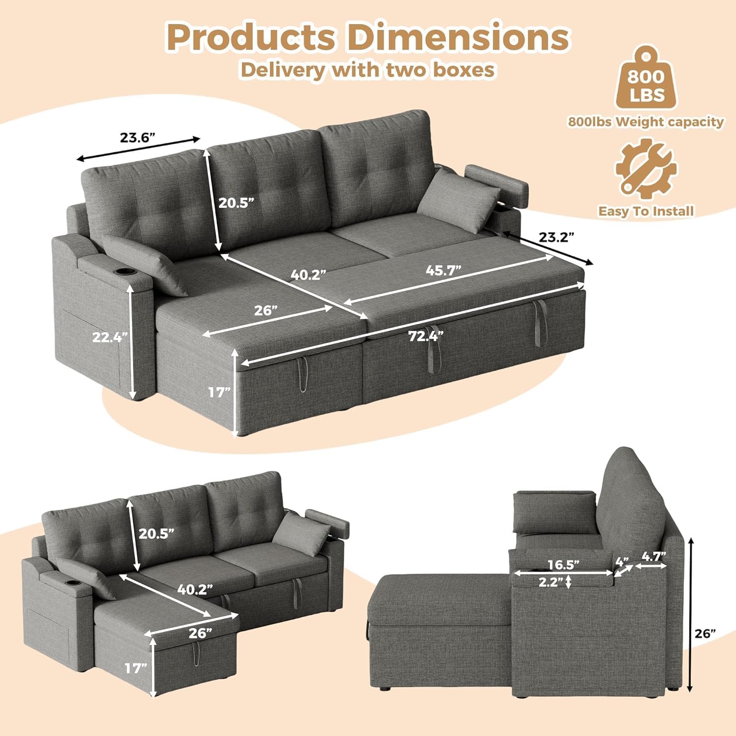 Reversible Sectional Sofa Couch, 85' L-Shaped Sleeper Sofa Bed with Pull Out Bed, Storage Chaise, USB Type-C Ports, Removable Backrest, Cup Holder, Modern Convertible Couch for Living Room, Grey