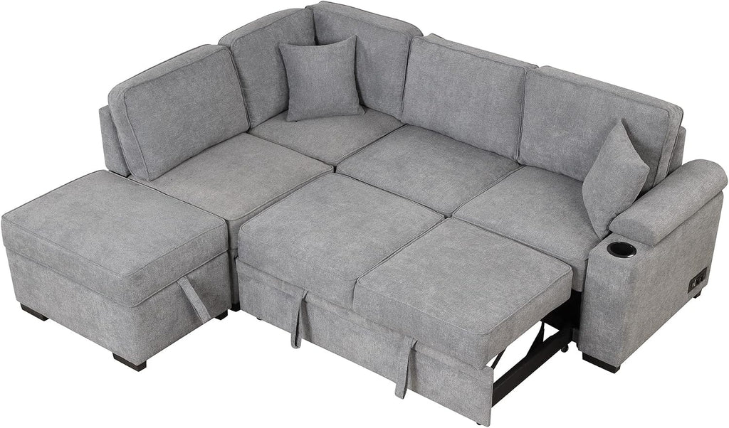 LUMISOL 87' Convertible Sleeper Sofa with Storage Ottoman, Pull Out Sofa Bed with Cup Holders & Charging Stations, L-Shaped Sectional Couch with Chaise for Living Room, Gray