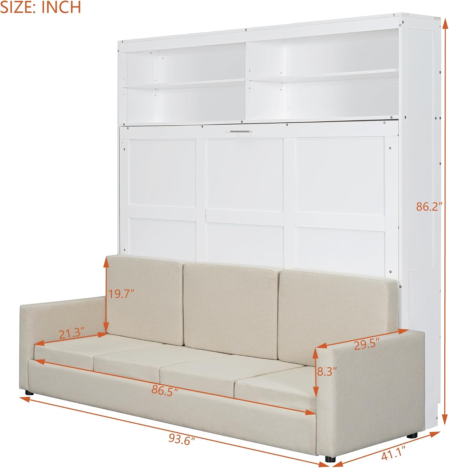 Merax Queen Size Murphy Bed, Wooden Queen Murphy Bed with Sofa and Cushion, Wall Bed with Shelves, White