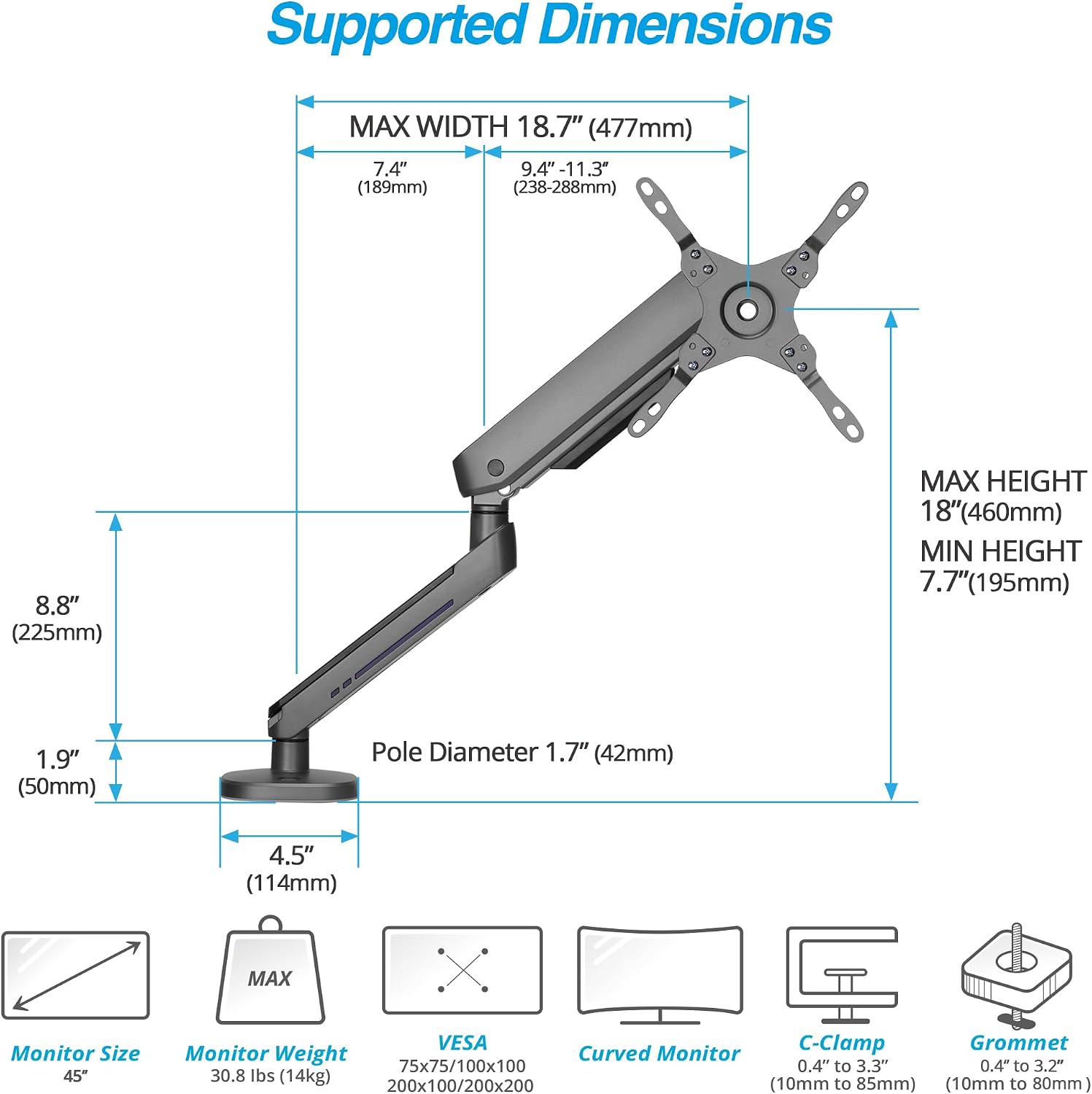 AVLT Single 27'-45' RGB Gaming Monitor Arm Desk Mount Built-in 20 Lighting Modes Touch Button Control Fits Flat/Curved/Ultrawide Screens Height Swivel Tilt Rotation Adjustable Stand -Dark Gray