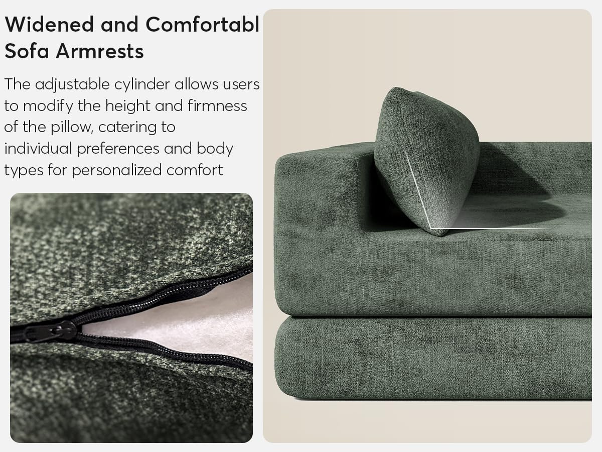 Chenille Convertible Futon Sofa Bed – Folding Iron Frame Sleeper Couch with Adjustable Backrest, Loveseat Recliner for Living Room, Apartment,(Green)