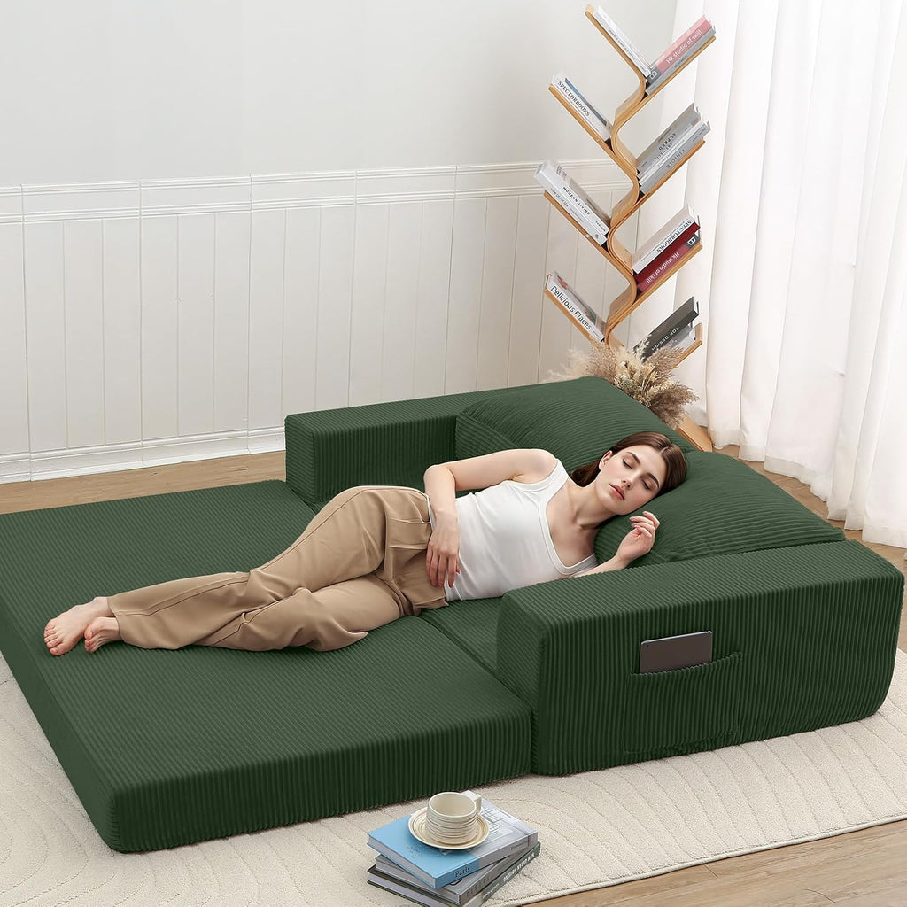 COMAX Convertible Sofa Bed Queen, Folding Fold Out Couch Bed, Floor Futon Couch Corduroy Sleeper Mattress with Back Pillows, Boneless Sofa Comfy Lounge Loveseat for Living Room Bedroom, Green