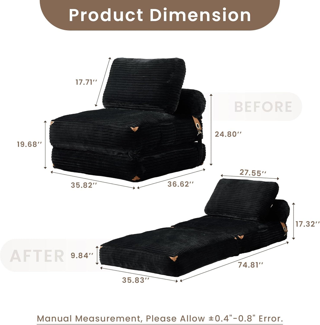 ovios Folding Sofa Bed, Foldable Sleeper Chair Floor Futon, Comfy Portable Convertible Fold Out Lounge Chairs for Living Room Bedroom, Black