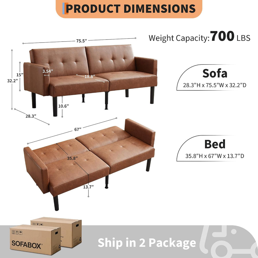 Garvee 75.5' Convertible Futon Sofa Bed, PU Leather Upholstered Futon Couch with Strong Legs, Mid Century Modern Sleeper Sofa, Comfy Loveseat for Living Room, Bedroom, Dorm, Brown
