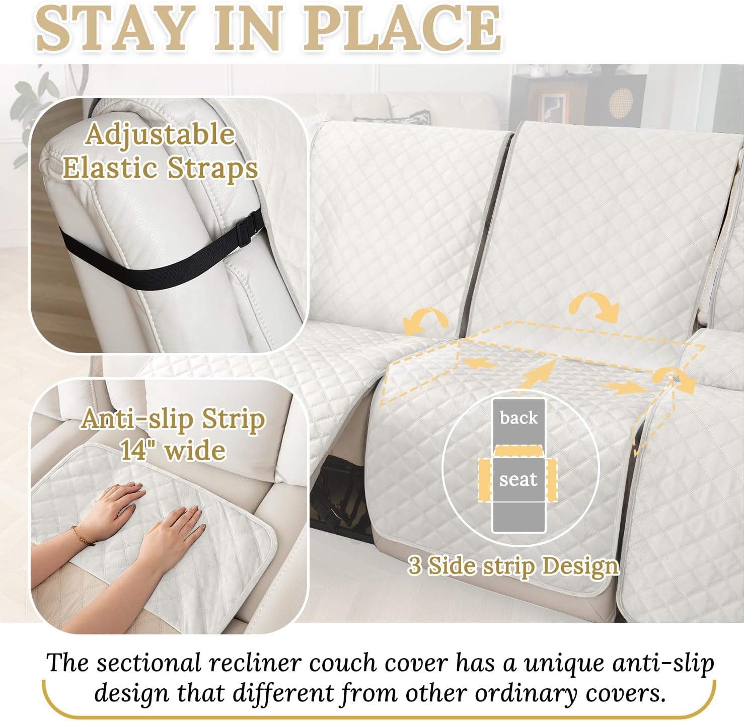 HDCAXKJ 100% Waterproof Velvet Recliner Sectional Couch Covers L Shaped Corner Reclining Sofa Cover Washable Thick Non Slip Sectional Slipcover with Pockets (5 Seat Recliner Couch, Ivory)