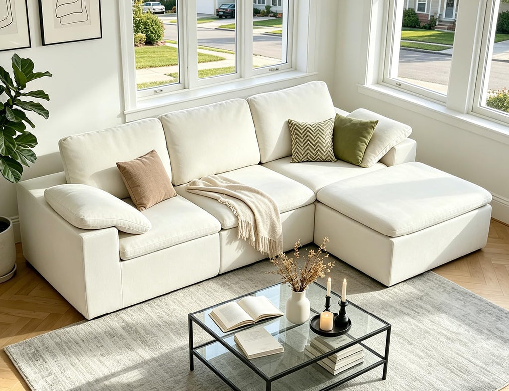 Nigoone 108' Sectional Couches for Living Room, Modular Cloud Sofa with Ottoman, Memory Foam Boneless L Shaped Couch, Adjustable Sofa Backrest, 4 Eater, Warm White | Breathable Material, Deep Seat, High-Resilience Foam