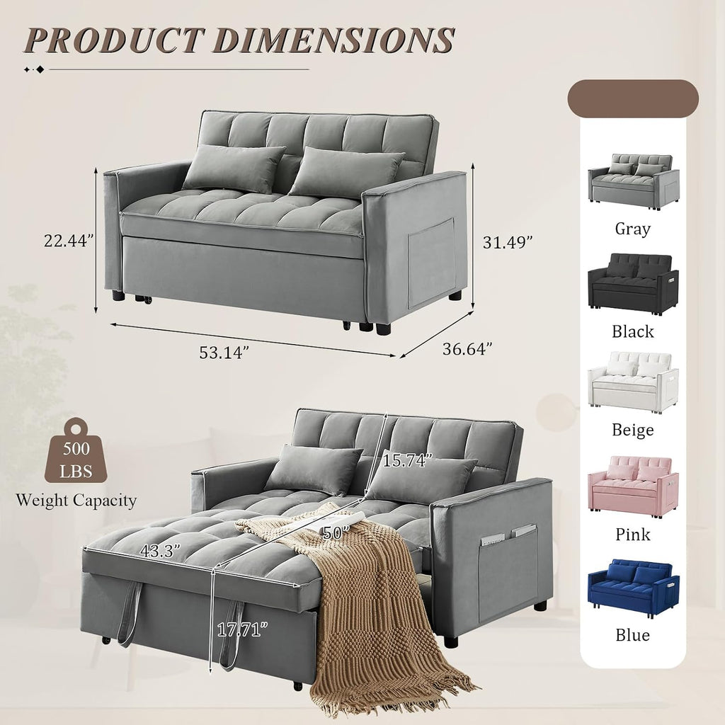 3 in 1 Convertible Sleeper Sofa Bed, Futon Couches for Living Room with Side Pocket/Adjustable Backrest, Velvet Upholstered Pull Out Couch, Small Loveseat Sofa Bed for Bedroom Office Small Spaces