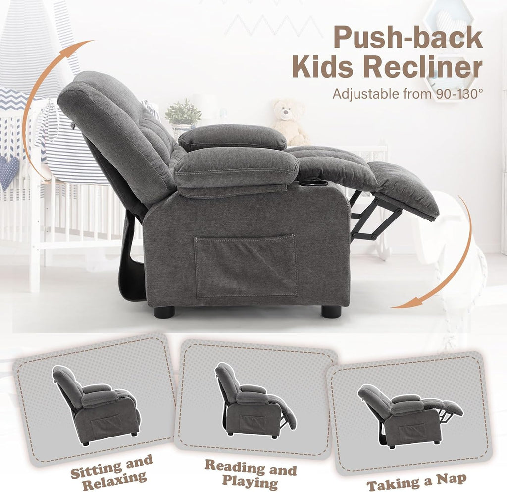 BOSMILLER Kids Recliner Chair， Push Back Toddler Recliner with Cup Holders & Side Pockets， Adjustable Footrest & Headrest Kids Sofa for Boys Girls 3+ Age Group