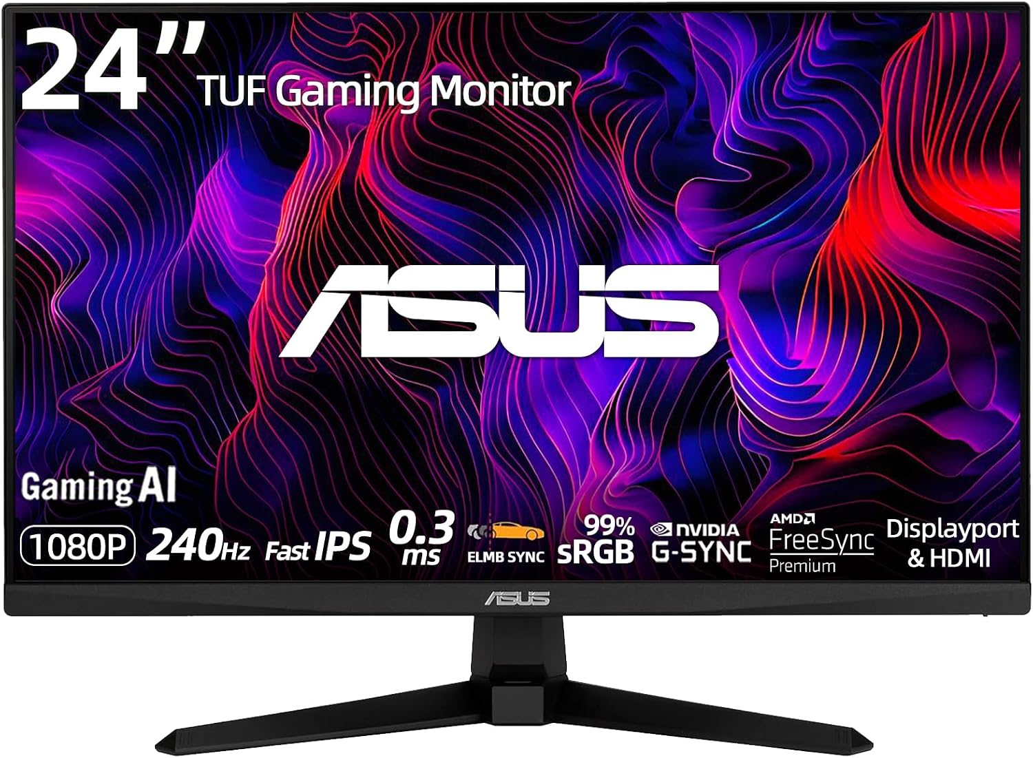 ASUS TUF 24' FHD Gaming Monitor, Fast IPS Display, 240Hz Refresh Rate, 0.3ms Response Time, G-SYNC Compatible, FreeSync Premium, ELMB Sync, AI-Powered Gaming Features, Built-in Speakers - Black