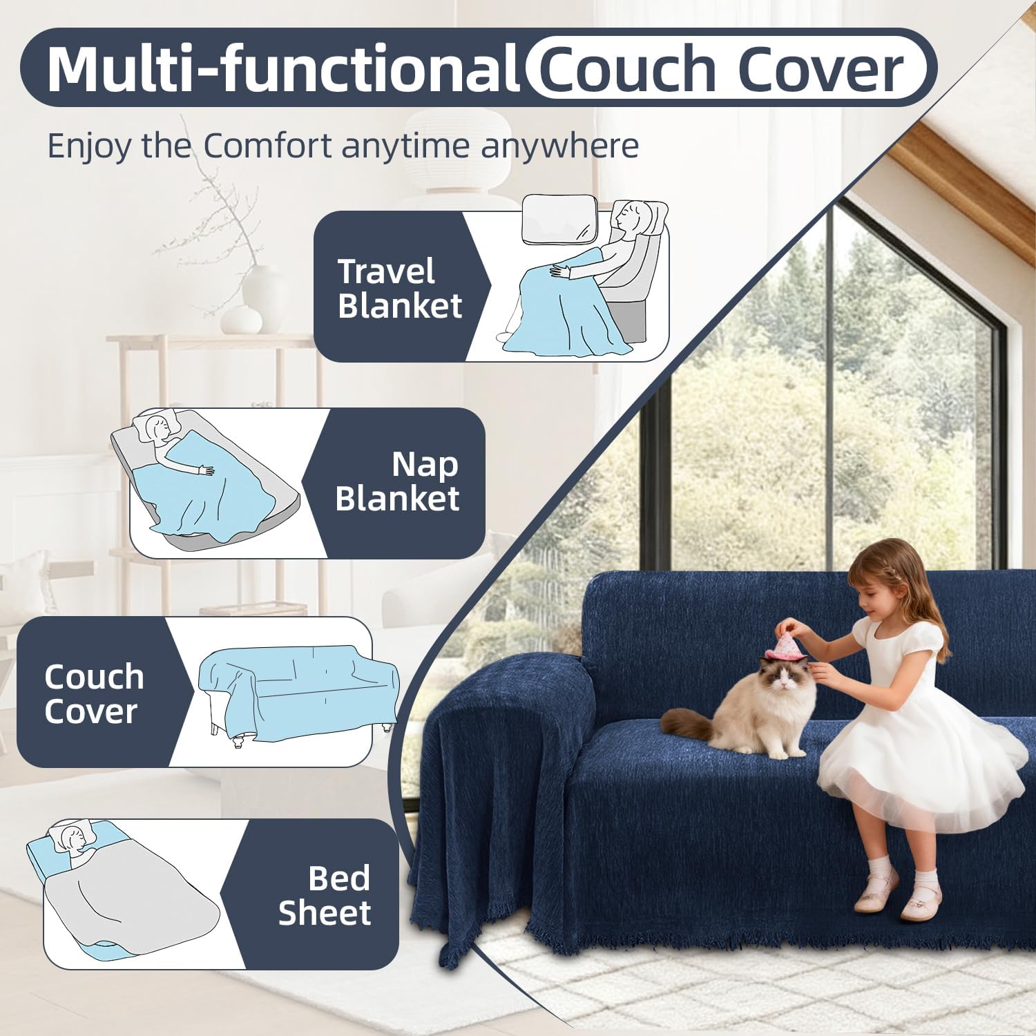 1OO% Waterproof Corner Sectional Couch Covers L Shape Chenille Sectional Sofa Cover with Tassel Soft Thick Washable Sofa Slipcover Furniture Protector for Dogs Pets (91' x 276', Navy Blue)