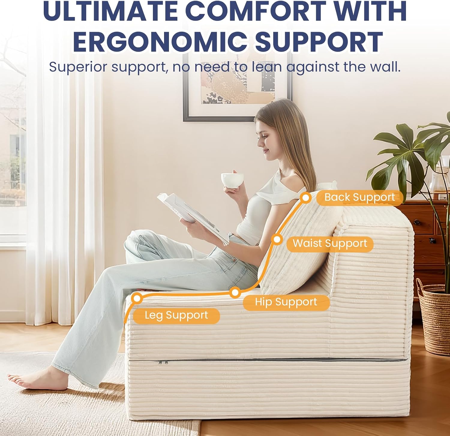 Convertible Sofa Bed, Fold Out Loveseat Sleeper Sofa Chair with Pillow, Folding Sofa Bed with Back Support, Portable Chair Bed Comfy Floor Lounge Sofa for Living Room Bedroom Guest Room, Beige