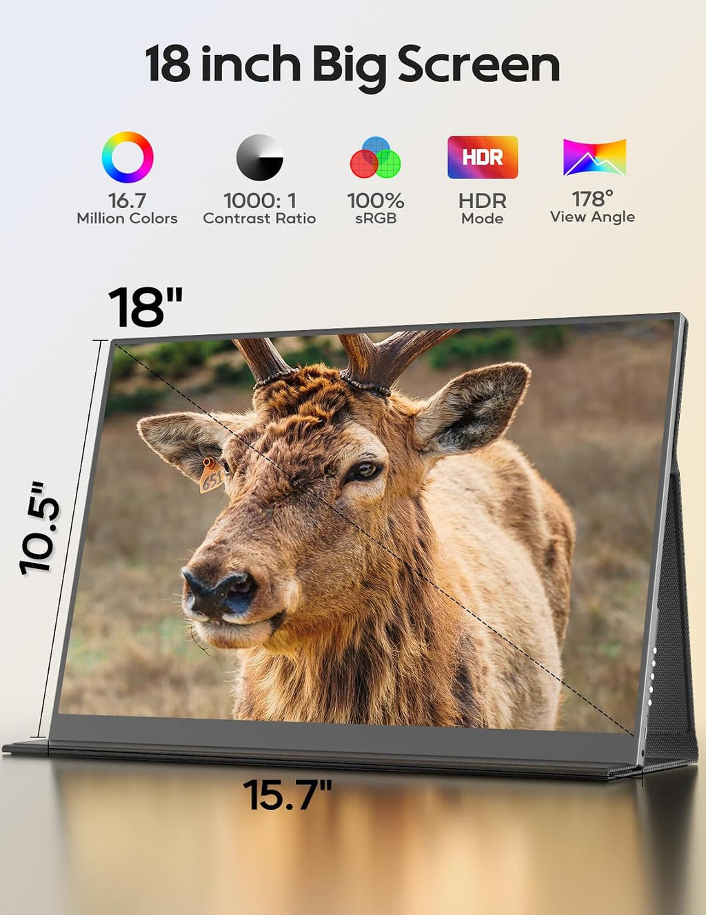 18' Portable Gaming Monitor, 2.5k 2560x1600, 16:10 Wide Screen, 100% sRGB, FreeSync, HDR, Laptop Screen Extender for Mac, Switch, Xbox, PS4/5