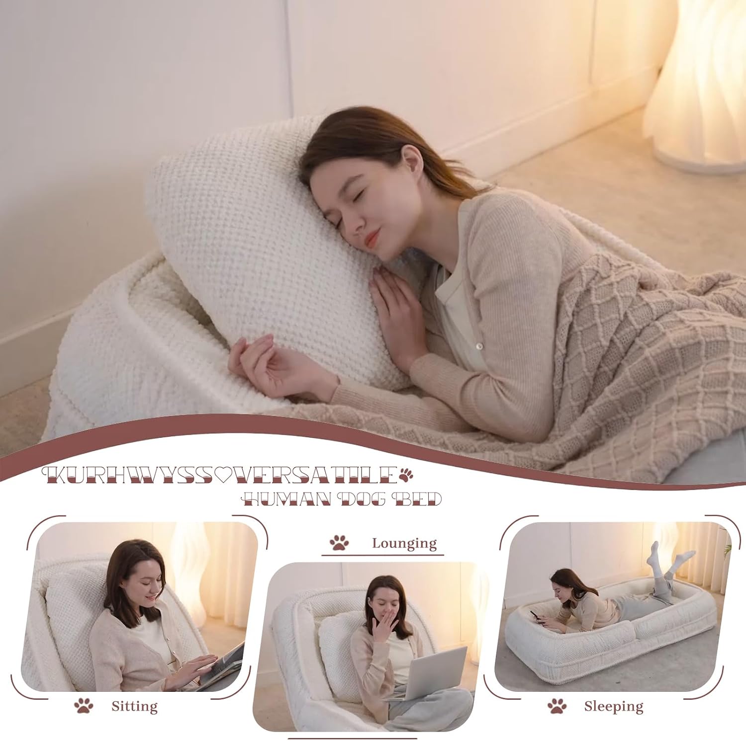 Upholstered Human Dog Bed for Adult & Pets, Convertible Lazy Sofa Bed with 5 Adjustable Position, Comfy Tatami Bean Bag Lounge Chair with 2 Soft Pillows for Bedroom Living Room Office (Ivory)