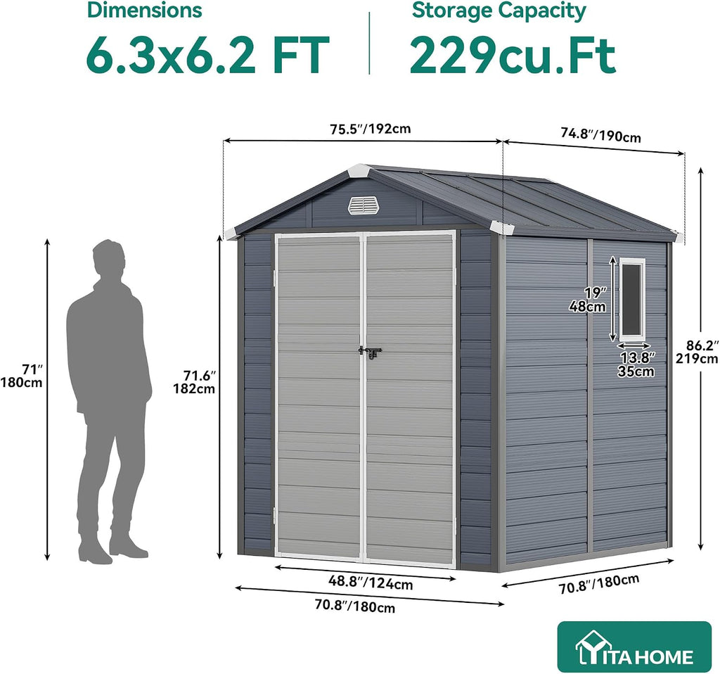 YITAHOME 6x6FT Outdoor Storage Shed w/o Floor, All-Weather Plastic Shed with Lockable Doors, Window & Vents, Plastic Tool Shed for Backyard, Patio, Poolside, Lawn, Gray