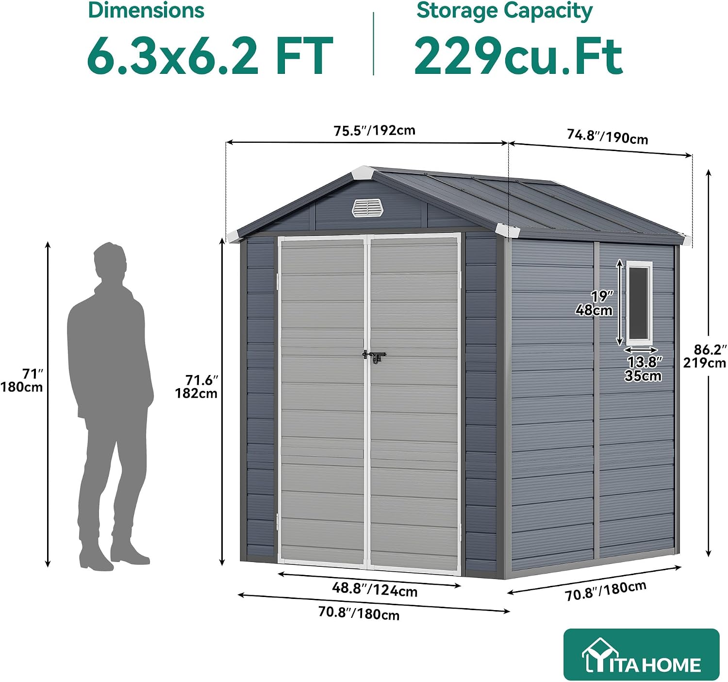 YITAHOME 6x6FT Outdoor Storage Shed w/o Floor, All-Weather Plastic Shed with Lockable Doors, Window & Vents, Plastic Tool Shed for Backyard, Patio, Poolside, Lawn, Gray