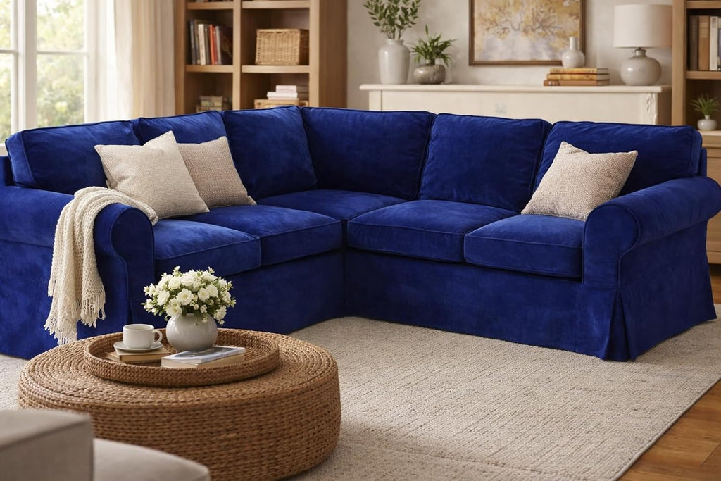 Velvet Pets Friendly Sectional Corner Sofa Covers Made Compatible with IKEA Ektorp 4 Four Seat Couch Sofa Slipcovers (Velvet Blue Ektorp 2+2)