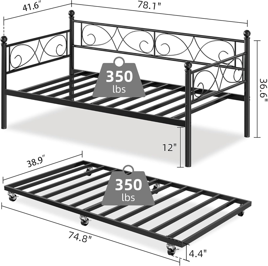 IDEALHOUSE Twin Daybed with Trundle, Metal Trundle Bed, Sofa Bed Frame, Heavy Duty Metal Slats, for Living Room, Bedroom, Guest Room, Space Saving, Modern Black