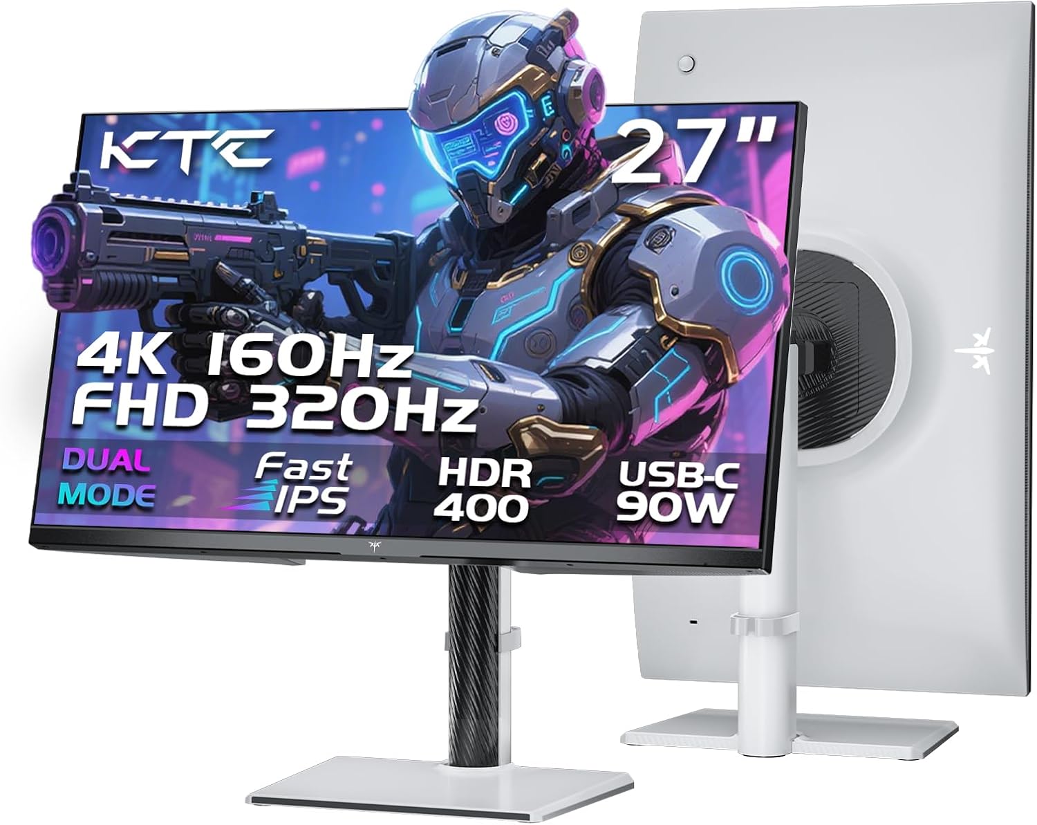 KTC 27 Inch 4K Gaming Monitor, Dual Mode UHD 160Hz & FHD 320Hz, Fast IPS, HDR400, Adaptive Sync, 90W Type-C, HDMI 2.1 & DP 1.4, Height Adjustment PC Monitor, VESA, KVM Support, H27P6