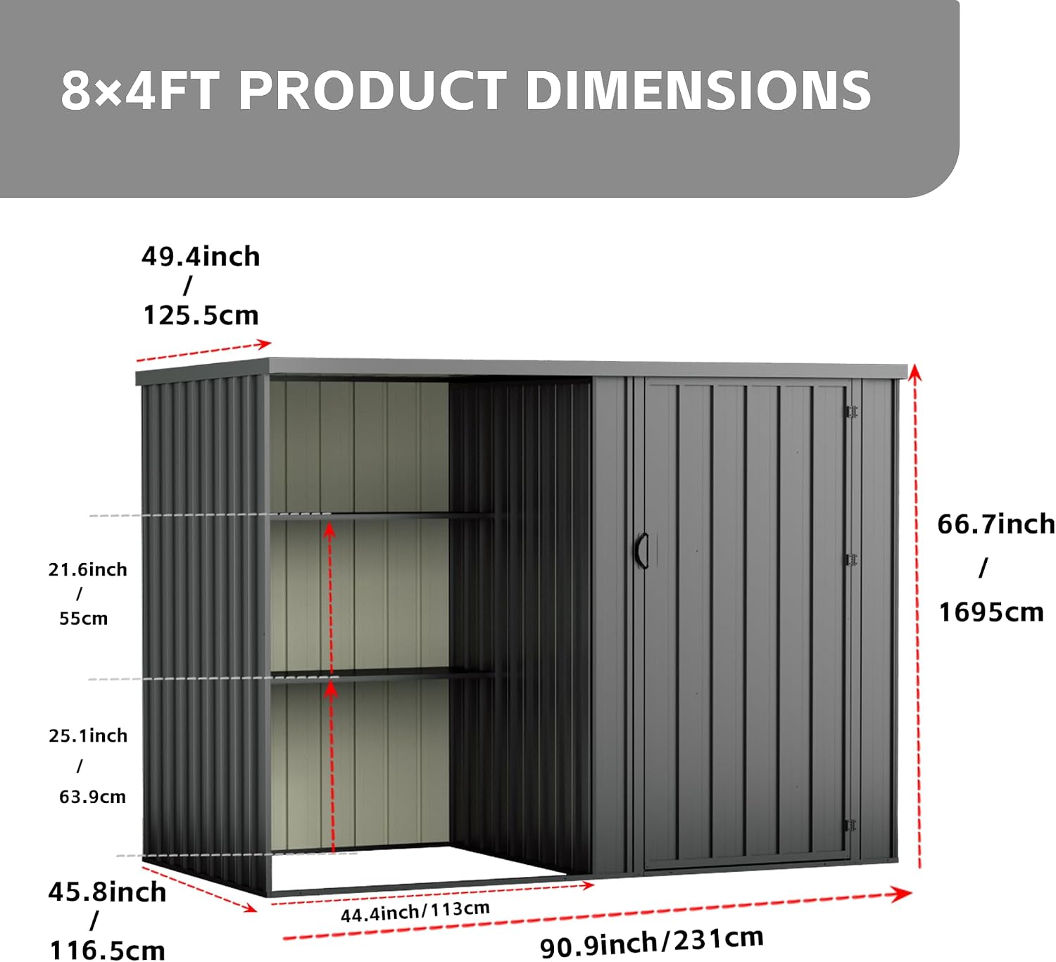 Durable 8×4 FT Metal Outdoor Storage Shed with Shelves, Waterproof & Lockable Garden Tool Shed, Small Backyard Patio Storage Shed for Lawn Mower, Dark Gray (No Floor)