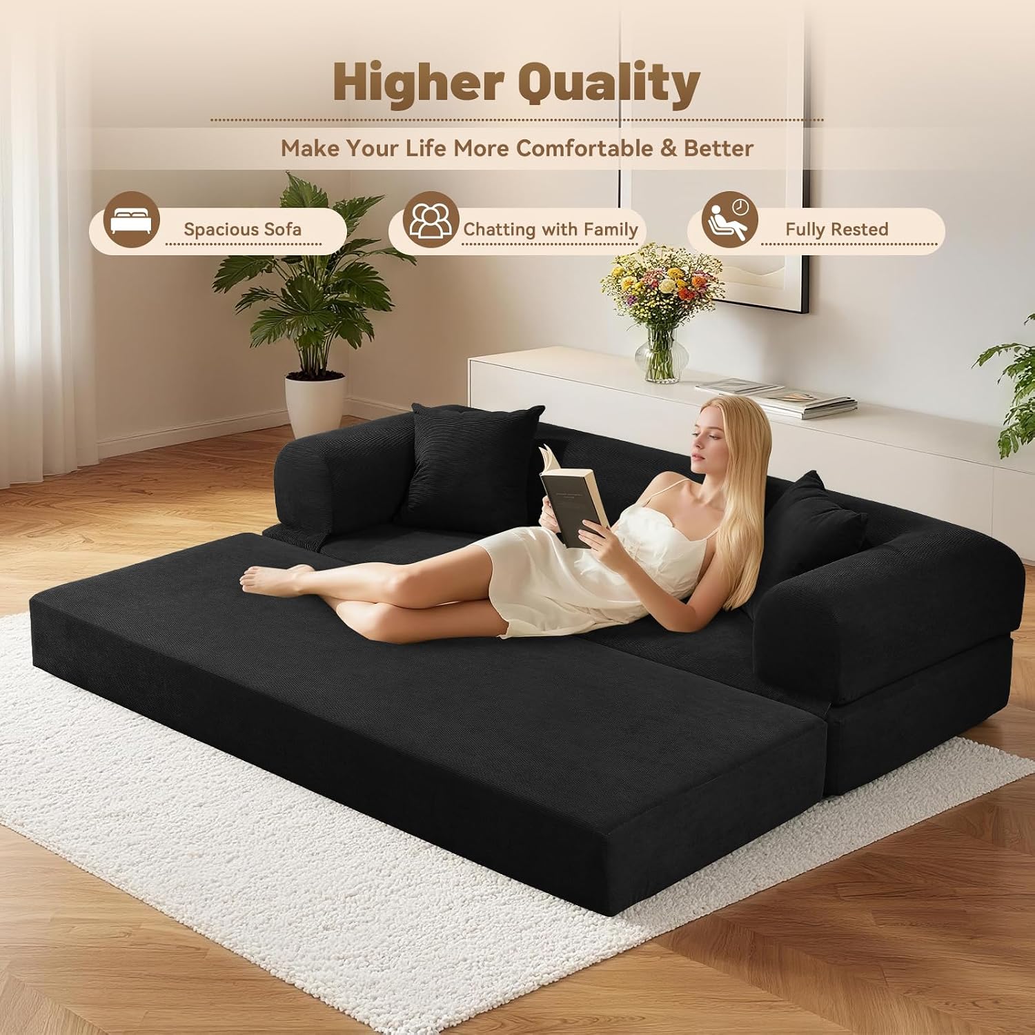 Convertible Futon Sofa Bed,80' Folding Pull Out Couch with Pillows & Storage Pocket (Black, Corduroy-30 W)