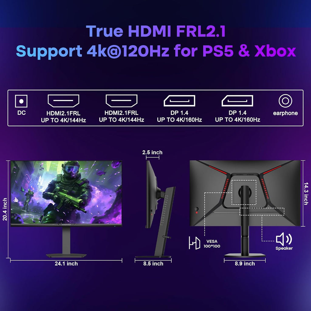 Amzfast 27 Inch 4K Gaming Monitor HDR 400, UHD 160Hz 144Hz | FHD 320Hz 300Hz 1ms Fast IPS Dual Mode, 126% sRGB, PIP/PBP, HDMI 2.1 x 2 & DP 1.4 x 2, Height Adjustment, VESA.
