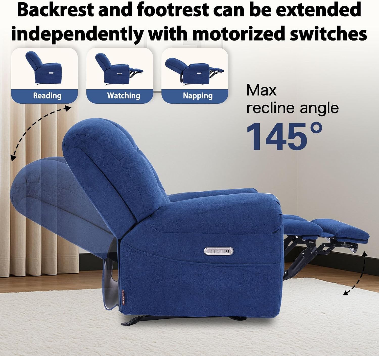 EONIX Power Rocker Recliner Chair, Lazy Boy Recliner Rocking Chair for Adults and Nursery, Electric Recliner Chair with Heat and Massage for Living Room, Bedroom, Study Room, Relaxation, Navy Blue