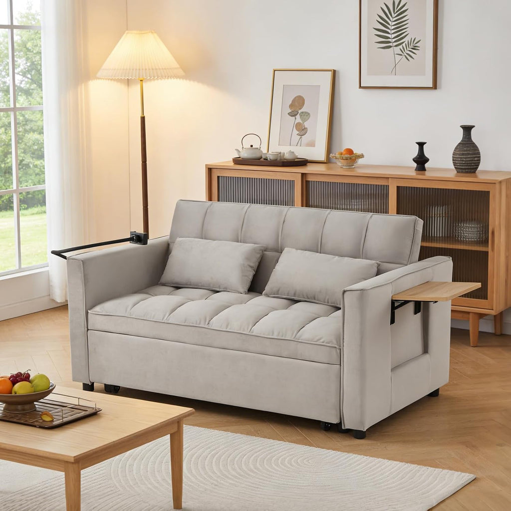 Convertible Velvet Sofa Bed with Pull-Out Bed & Side Storage Pockets, Modern Sleeper Sofa for Living Room, Apartment, Small Spaces, and Bedroom (Grey-3)