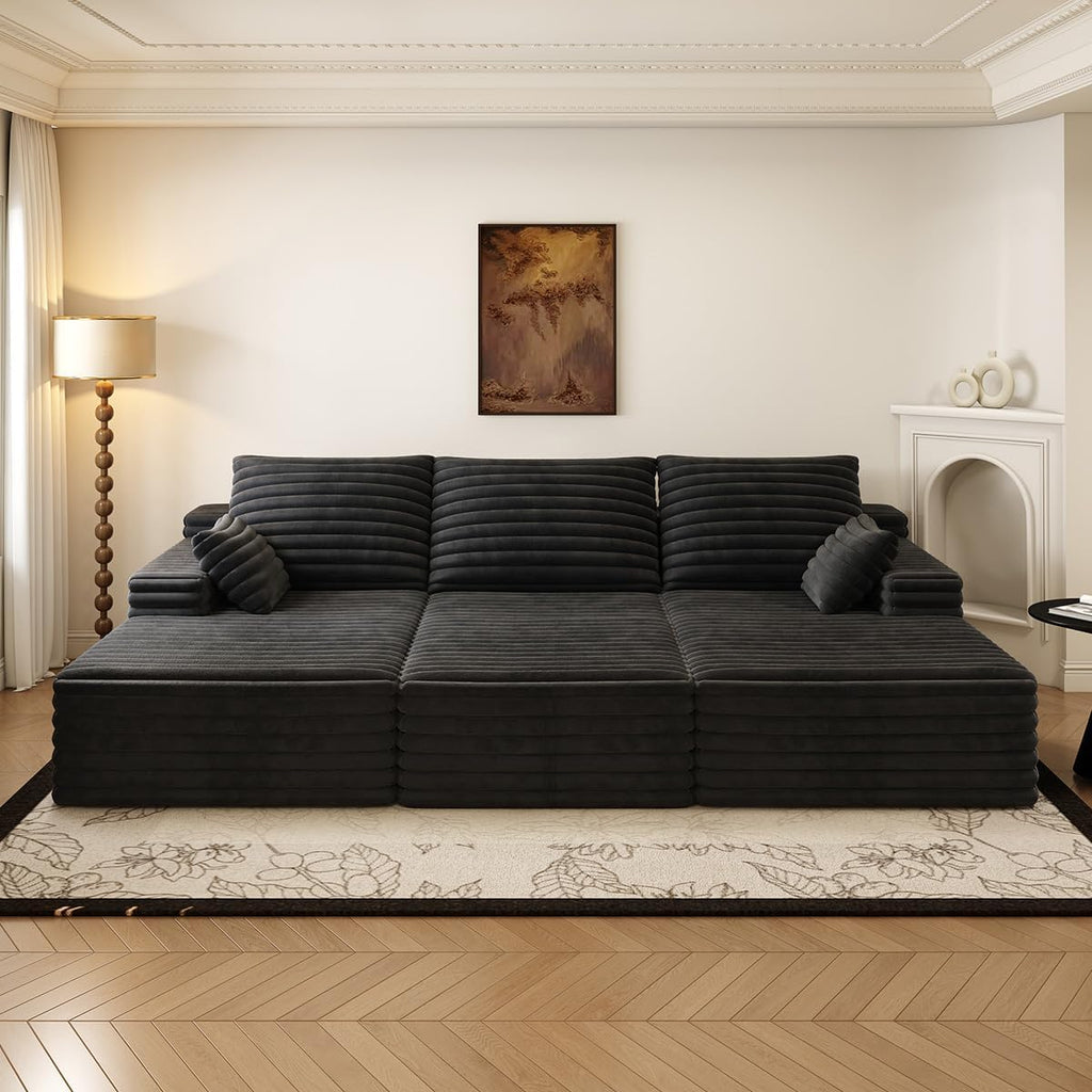 Oversized Lounge Chaise,Cloud Plush Sofa Bed,Upholstered Boneless Cloud Sofa Deep Seat,No Assembly Required,Modern Corduroy Sleeper 3 Seater Chair for Living Room Bedroom Reading,Black
