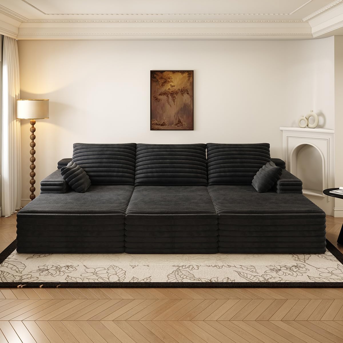 Oversized Lounge Chaise,Cloud Plush Sofa Bed,Upholstered Boneless Cloud Sofa Deep Seat,No Assembly Required,Modern Corduroy Sleeper 3 Seater Chair for Living Room Bedroom Reading,Black