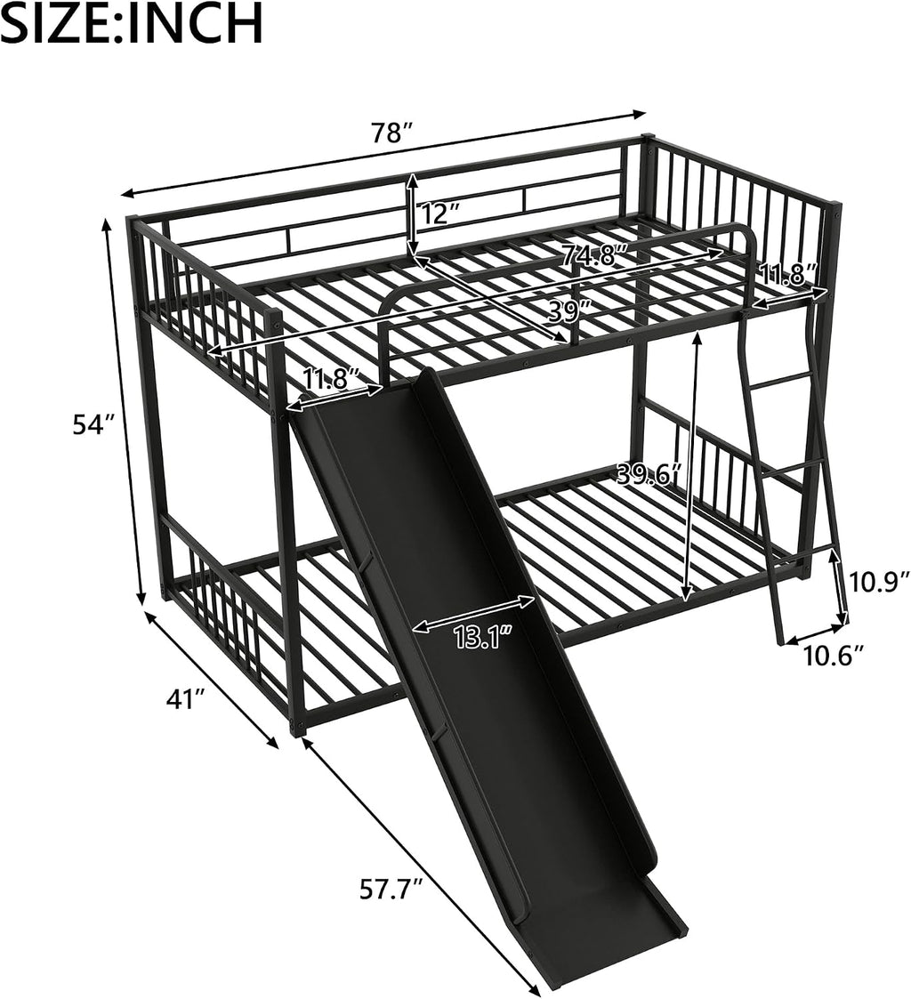 Harper & Bright Designs Twin Size Kids Low Bunk Bed with Slide and Ladder, Twin Metal Floor Bunk Bed Frame for Kids Teens, No Box Spring Needed (Black)