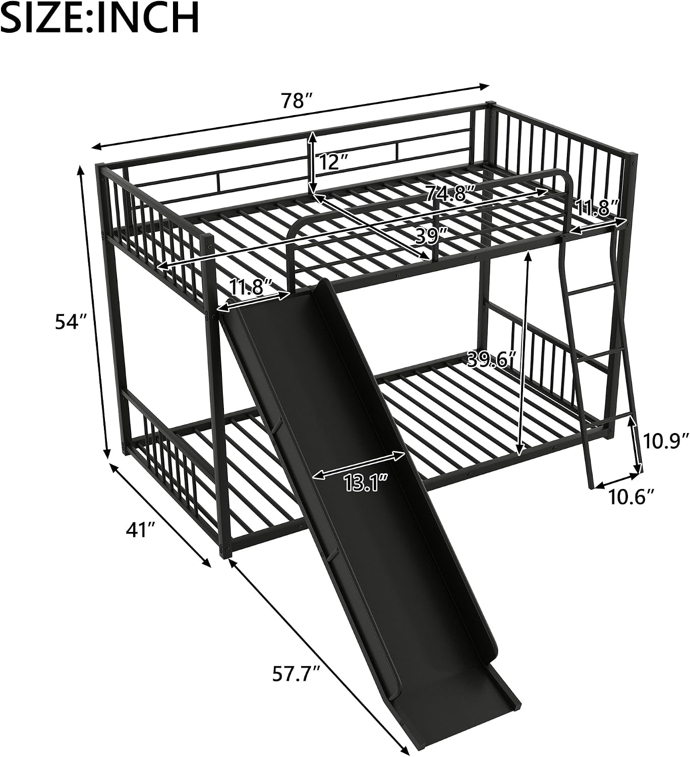 Harper & Bright Designs Twin Size Kids Low Bunk Bed with Slide and Ladder, Twin Metal Floor Bunk Bed Frame for Kids Teens, No Box Spring Needed (Black)