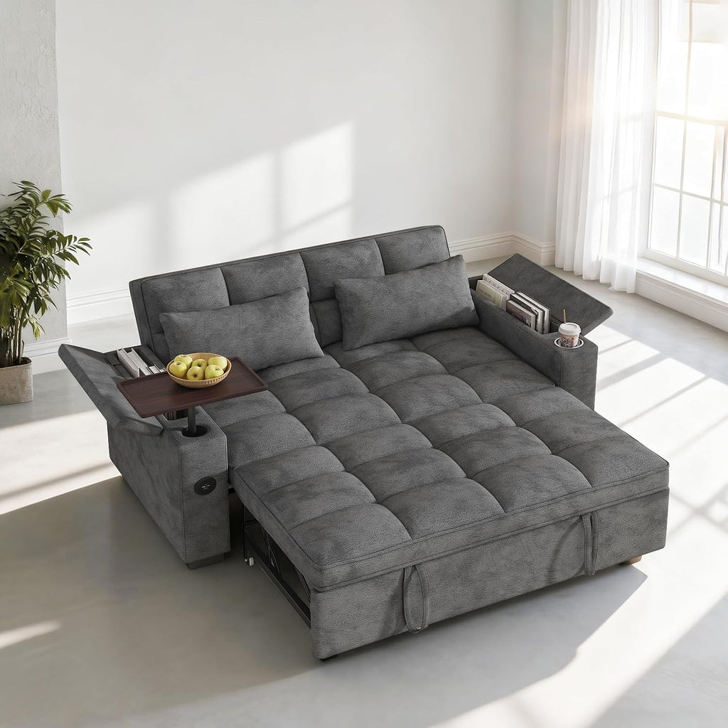 Dreamzie 65'' Convertible Sleeper Sofa Bed with 90° Swivel Side Table, Chenille Pull Out Couch for Living Room, Loveseat Sleeper with Hidden Storage Space | Charging Port | Cup Holders, Grey