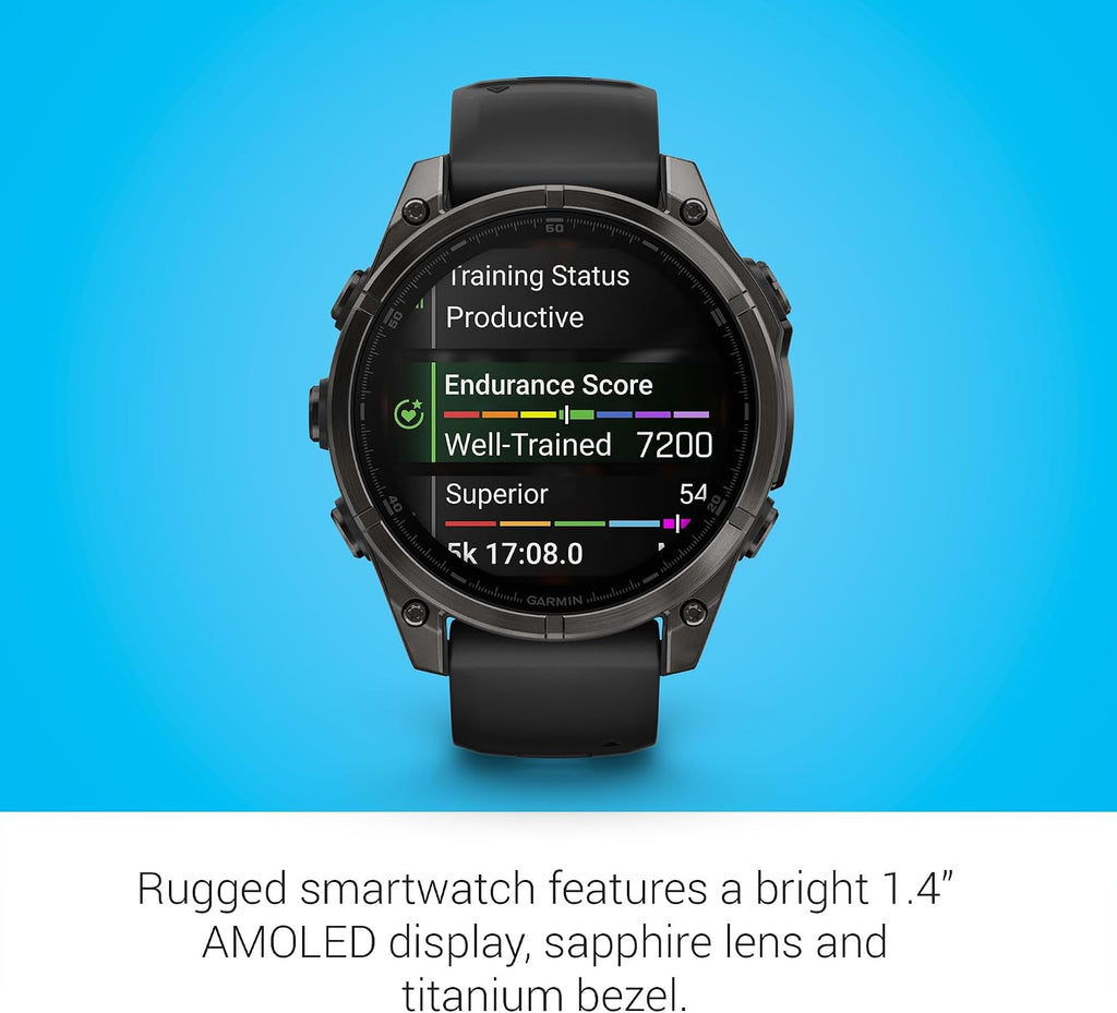 Garmin Fenix 8 Premium Multisport GPS Running Smartwatch, 47 mm | AMOLED, Dive-Rated, Built-in Flashlight | Carbon Gray DLC Titanium with Pebble Gray Band with Signature Series Charging Stand