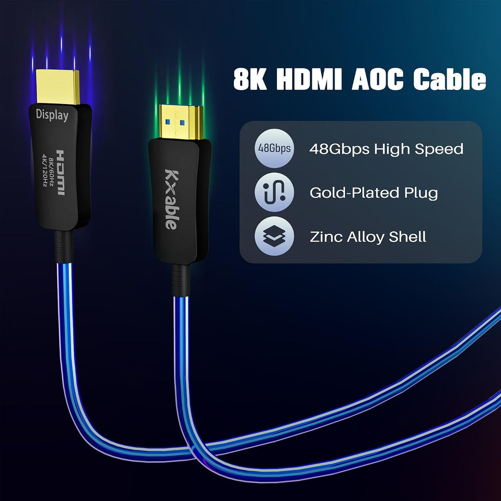 8K HDMI Fiber Optic Cable 500FT, HDMI 2.1 48Gbps Ultra High Speed Cord, 8K@60Hz, 4K@120Hz, 3D Dynamic HDR/eARC/HDCP 2.3, Compatible with Laptop/Monitor/Projector, PS5, Xbox, HDTV, Blu-ray & More