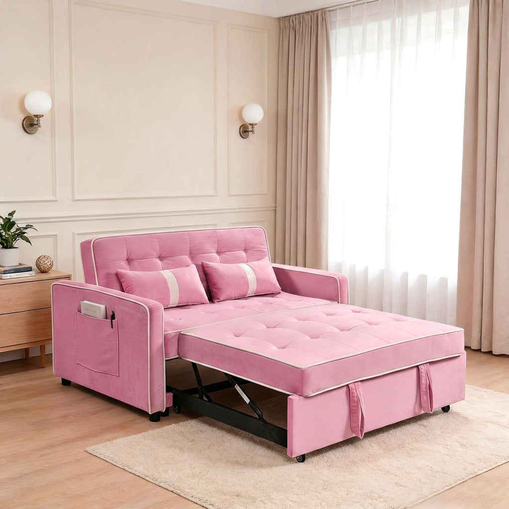 Convertible Velvet Sofa Bed with Pull-Out Bed & Side Storage Pockets, Modern Sleeper Sofa for Living Room, Apartment, Small Spaces, and Bedroom (Pink-1)