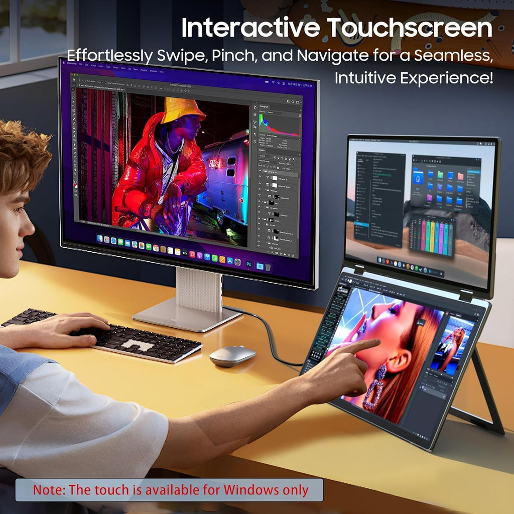 wisecoco 13.3'' Dual Touch Screen OLED Triple Monitor IPS FUD 1080P USB-C HDMI HDR Secondary Display Foldable Laptop PC Gaming Monitor 100% sRGB Windows Mac Android Plug&Play Flip S3+
