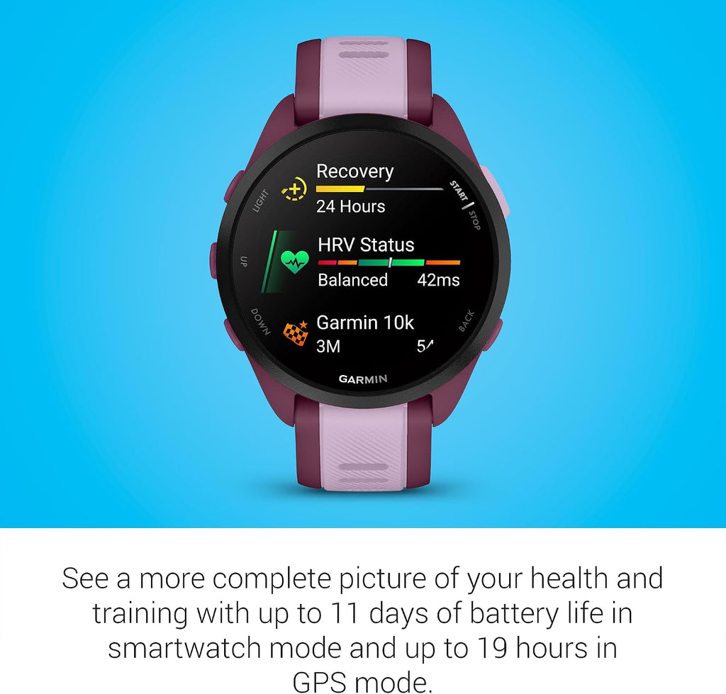 Garmin Forerunner 165 Music GPS Smartwatch, Turquoise | AMOLED Display, Daily Workouts, Music | Signature Series Modern Power Stand Bundle