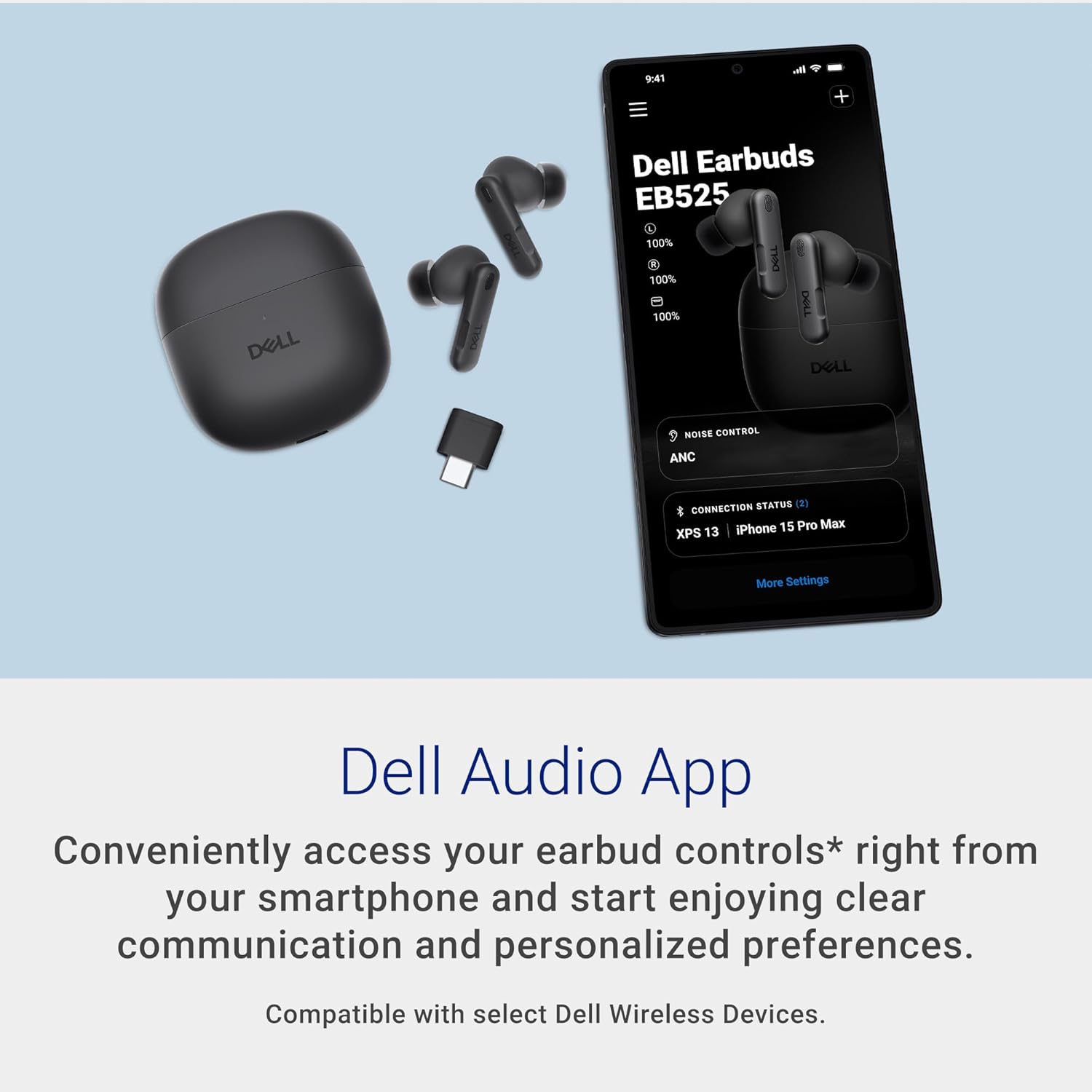 Dell Pro Plus Earbuds - EB525 - True Wireless, Bluetooth 5.3, AI-Based Noise-Cancelling mic, Adaptive ANC, Ear tip Sizes (XS, S, M, L)