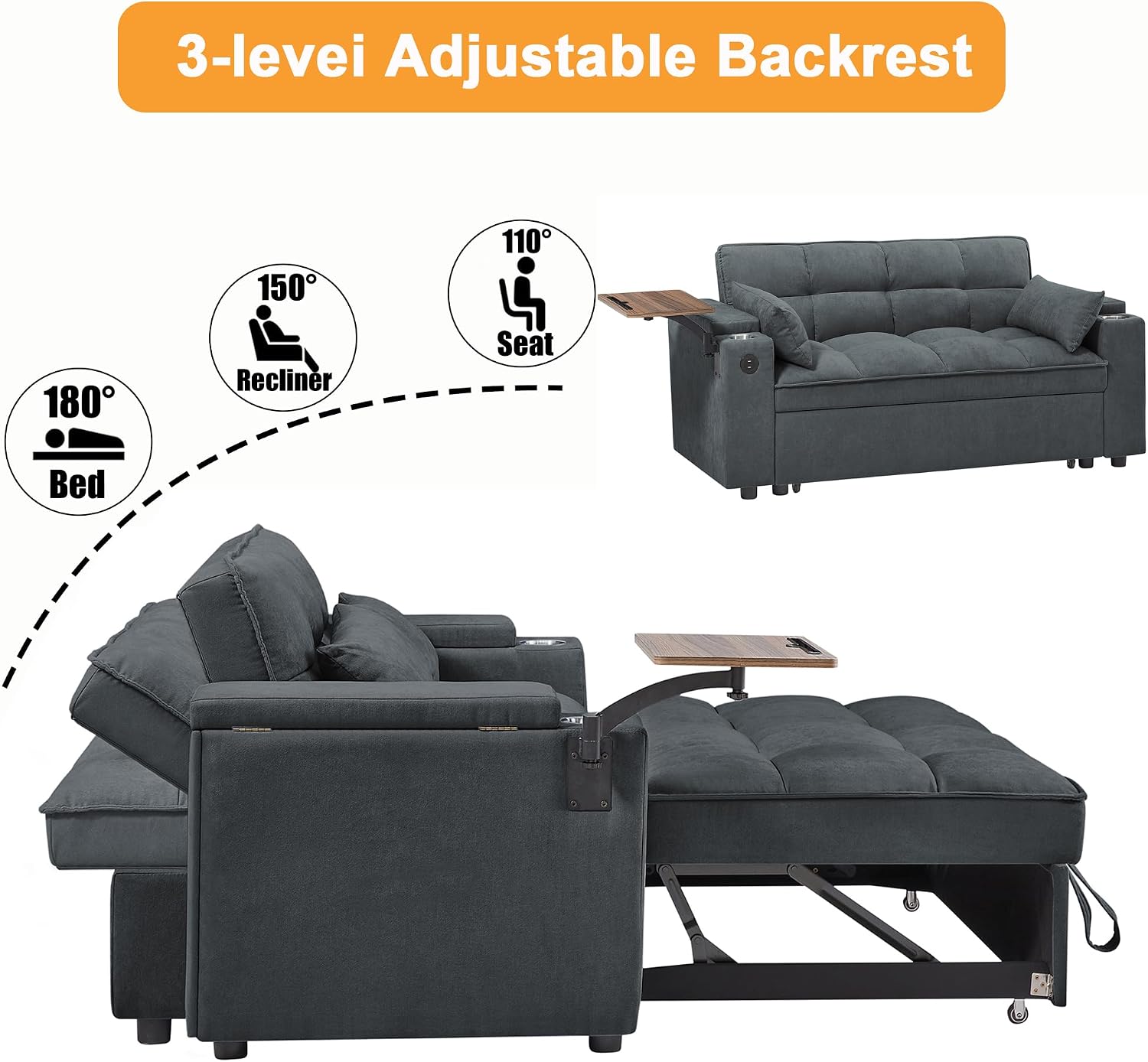 Auvsoce 65'' Convertible Sleeper Sofa Bed with Adjustable Backrest, Chaise Lounge, Side Table & USB/Type-C Ports – Stylish & Functional Addition to Any Living Room (Fashion Pink)