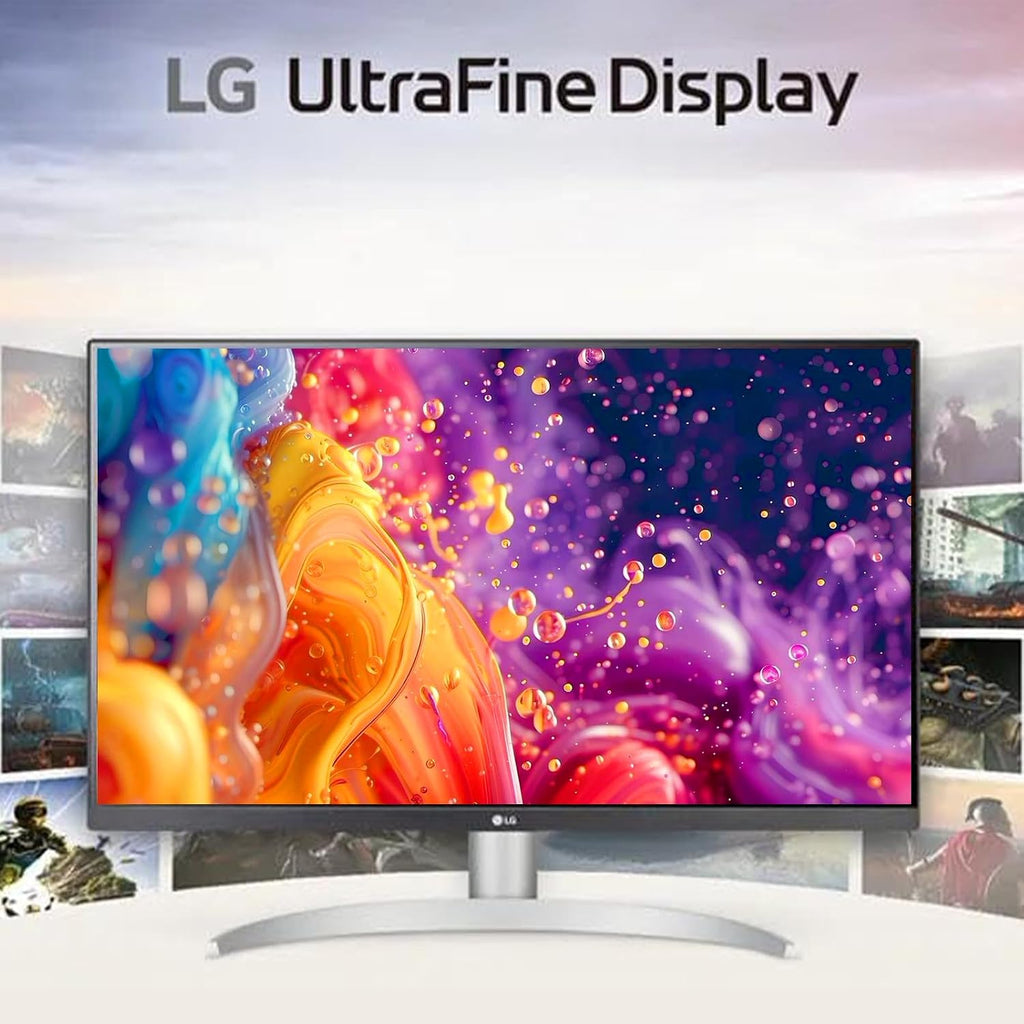 LG 27' 4K UHD Monitor, IPS Display, VESA DisplayHDR 400, 95% DCI-P3, Dynamic Action Sync, Black Stabilizere, Height/Tilt/Pivot Stand, for Gaming and Offic, White/Silver