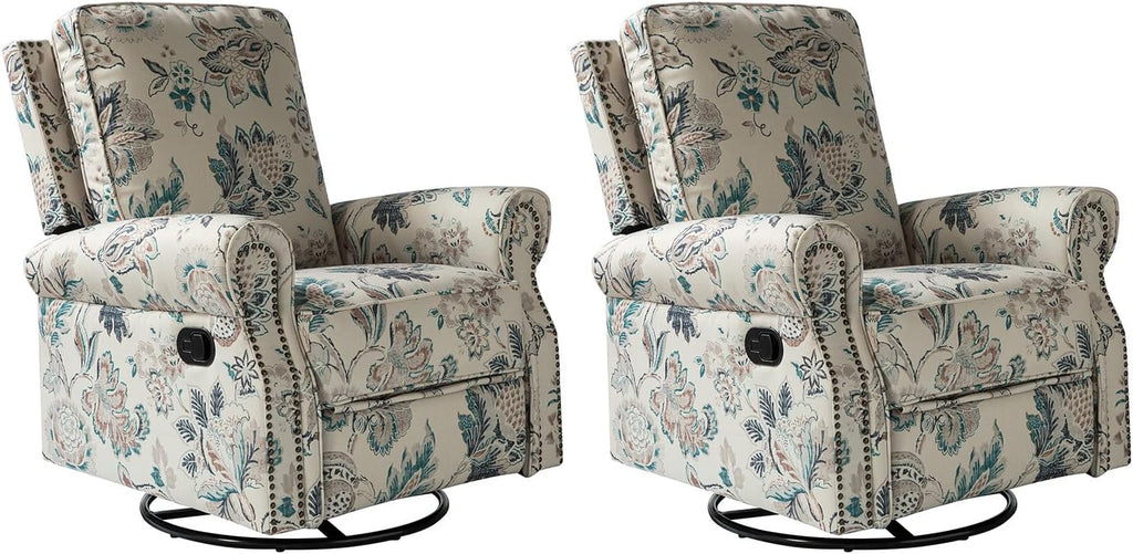HULALA Home Rocker Recliner Set of 2, Modern Printed Fabric Swivel Glider with Adjustable Backrest & Footrest, Teal