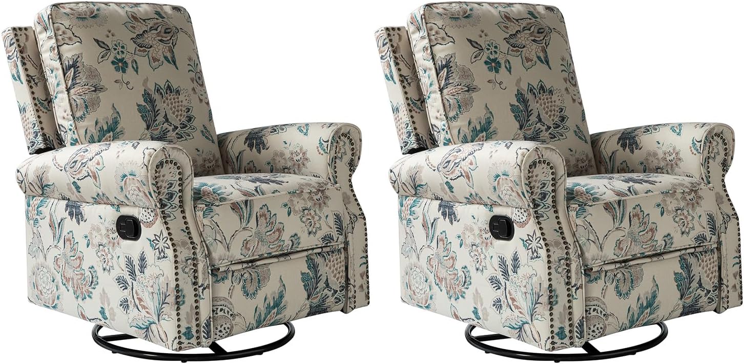 HULALA Home Rocker Recliner Set of 2, Modern Printed Fabric Swivel Glider with Adjustable Backrest & Footrest, Teal