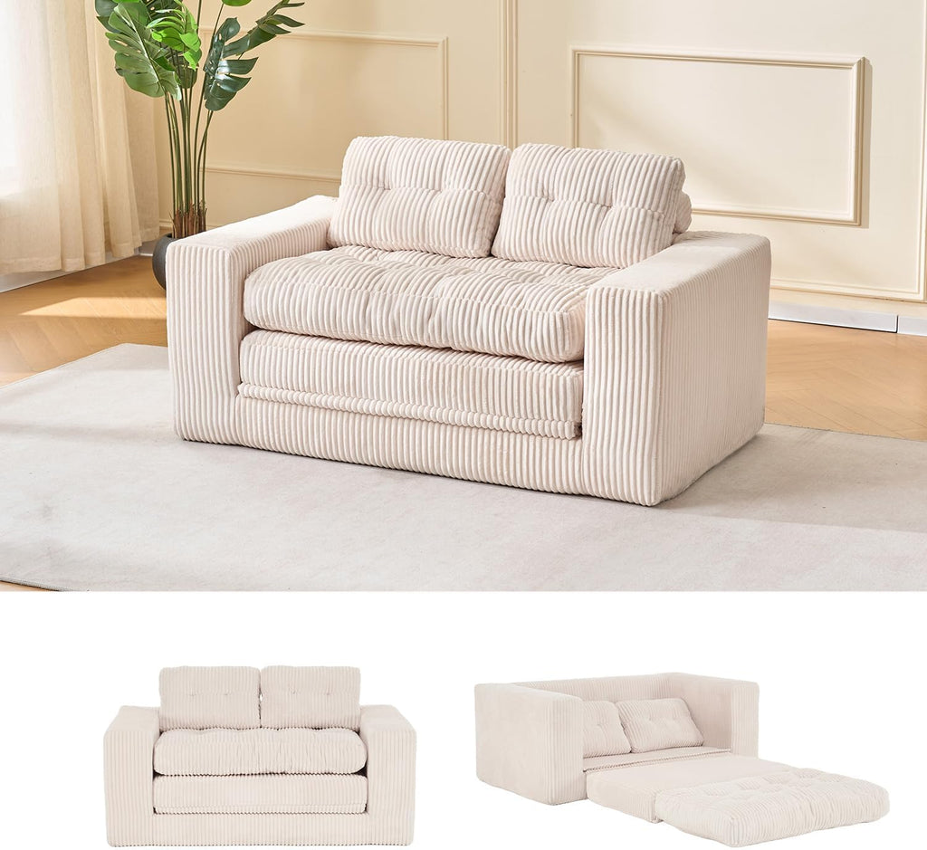 Fefances 55.1'Boneless Sofa Bed, 2-in-1 Convertible Loveseat & Folding Futon Couch, Small Space-Saving Design with Corduroy Fabric, for Living Room, Bedroom, Studio Apartment - Beige