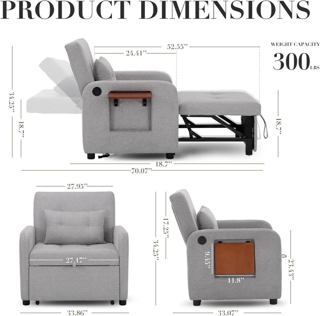 COLAMY Convertible Sleeper Chair-Fabric Futon Sofa Bed, Single Sleeper Sofa, Small Couch Bed with USB Port, Foldable Table, Pillow, Adjustable Backrest for Dorm/Bedroom/College Lightgrey