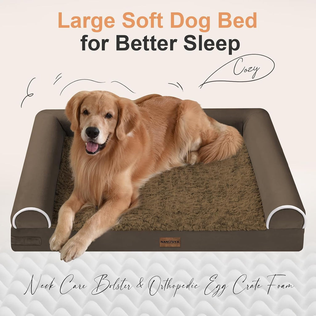 Large Dog Bed Orthopedic Washable: Jumbo Dog Bed Bolster Extra Large Dogs Egg Crate Foam Sofa Couch Waterproof Removable Cover - Coffee