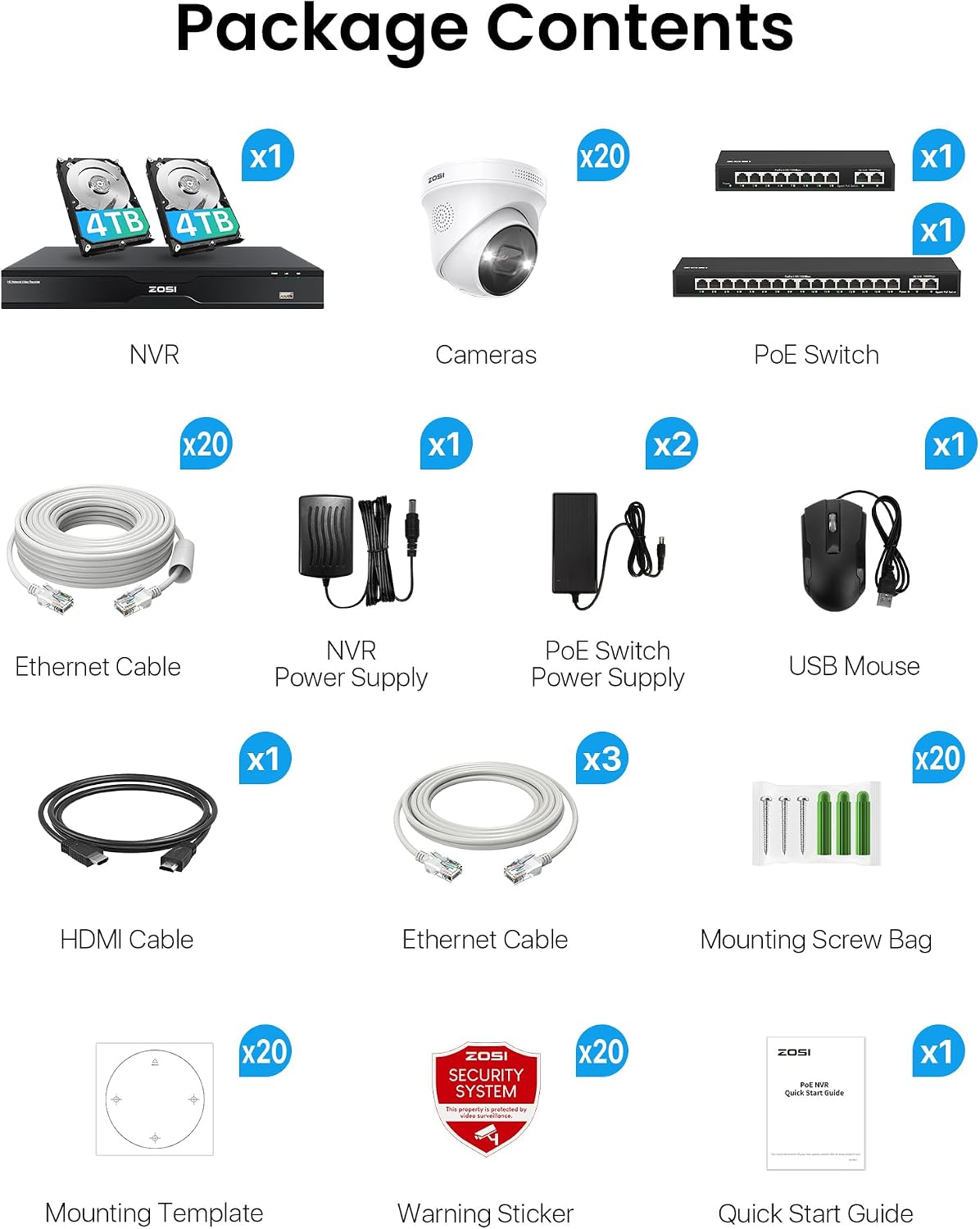 ZOSI 32 Channel 4K PoE Security Camera System, Face Person Vehicle Detection, 2 Way Audio, 20 x 8MP Spotlight Outdoor Indoor IP Cameras, 32CH 4K NVR with 8TB HDD for 24/7 Recording